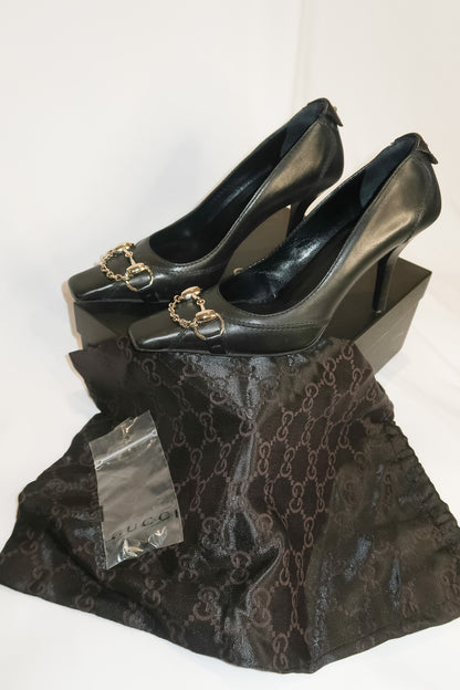 Gucci Black Leather Horsebit Heels Size 37