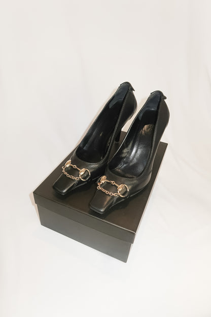 Gucci Black Leather Horsebit Heels Size 37